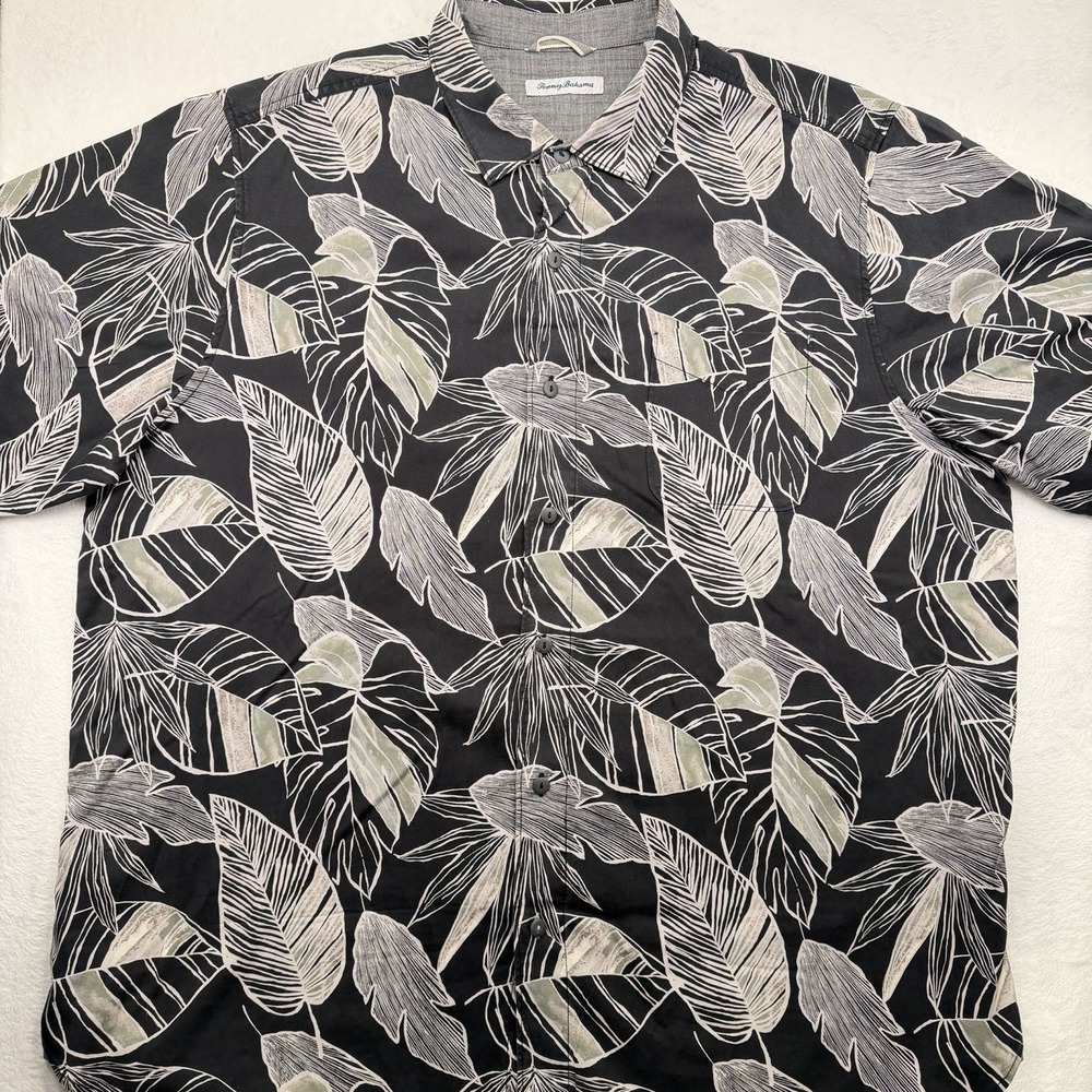 Tommy Bahama Shirt Mens 2XLT Palm Leaf Print Black/White Resort Wear Tropical